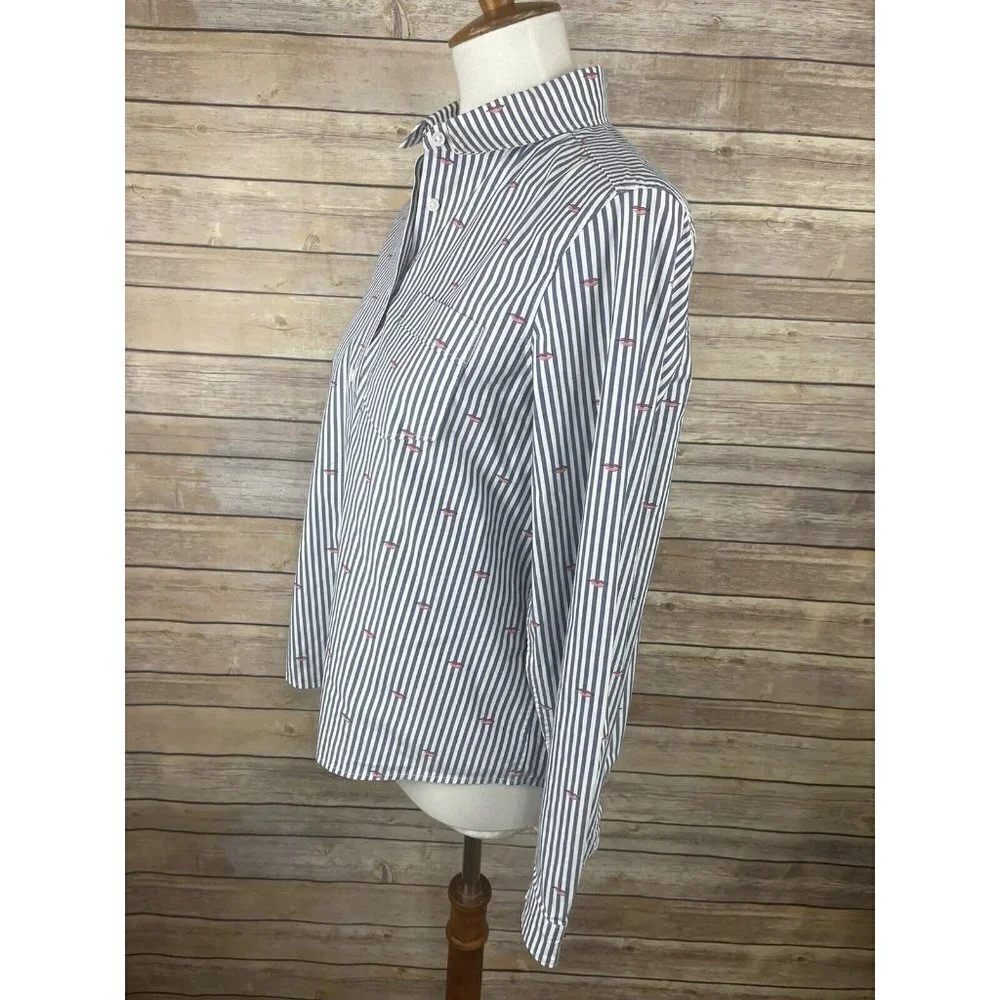 Banana Republic Small Quinn Boy Fit Button Up Striped Lip Print Blouse Blue Pink - Picture 4 of 11